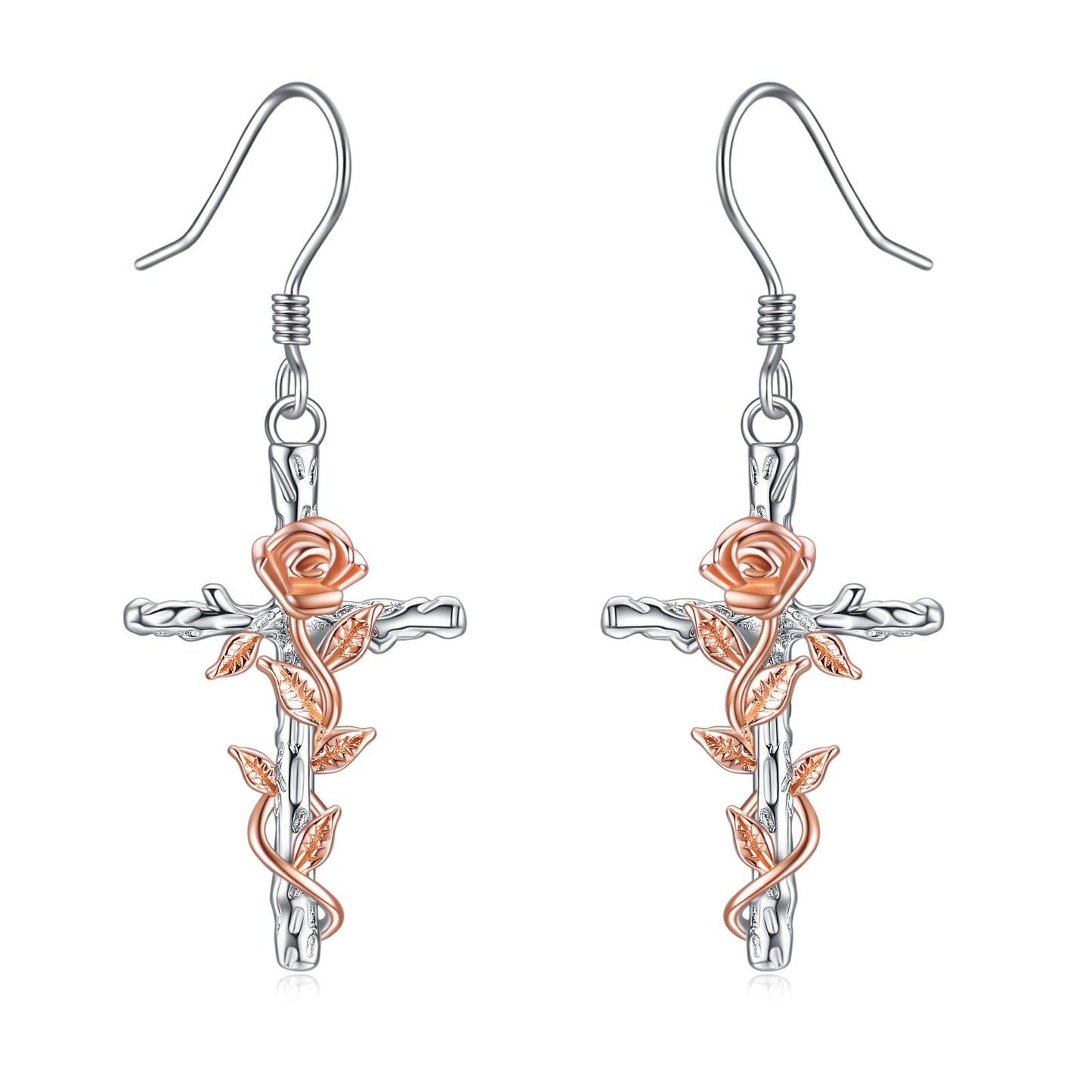 This Sterling Silver Rose Flower Cross  Dangling Earrings Jewelry is perfect for that lovely Christian lady in your life, to show her how much you care. The exquisite sterling silver design and intricate features makes these earring a special gift for Christmas, birthday, anniversary, Mother's Day or any occasion that you what to show her how much you enjoy her in your life.  Spoil yourself and get you a set of these earrings too, you deserve it.
