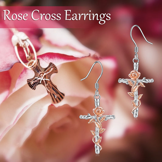 This Sterling Silver Rose Flower Cross  Dangling Earrings Jewelry is perfect for that lovely Christian lady in your life, to show her how much you care. The exquisite sterling silver design and intricate features makes these earring a special gift for Christmas, birthday, anniversary, Mother's Day or any occasion that you what to show her how much you enjoy her in your life.  Spoil yourself and get you a set of these earrings too, you deserve it. 